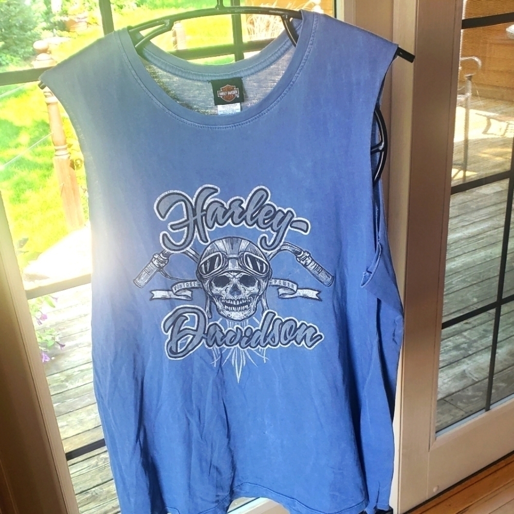 Harley Davidson Muscle Tee XL Blue Skull Goggles Madison WI Sleeveless Shirt